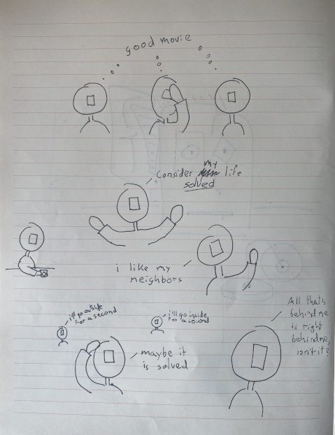 drawing in cartoon style of a new guy. he has a circular head and a square eye face thing.